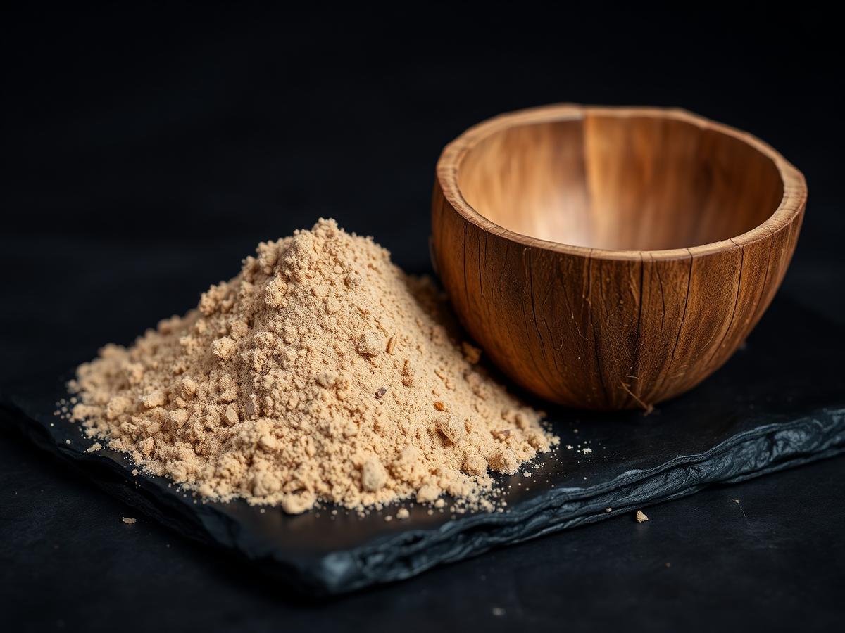 Ground kava root beside a traditional coconut shell cup